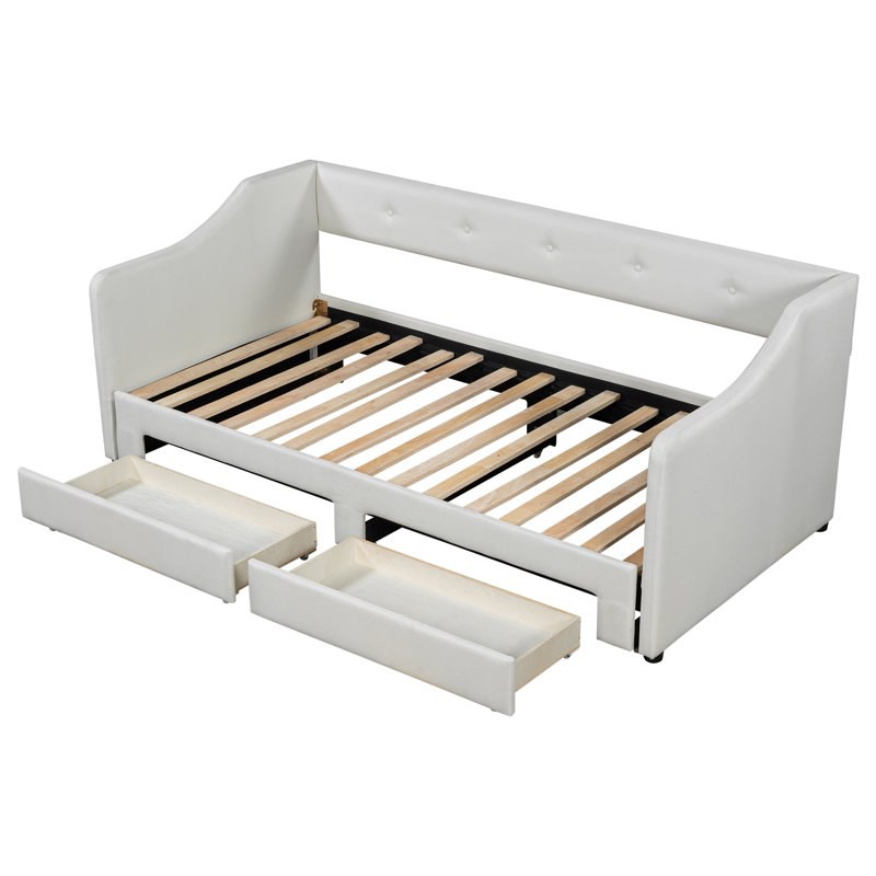 Lit de jour simple TG très grand rembourré beige avec tiroirs de rangement, Beige, Simple très long