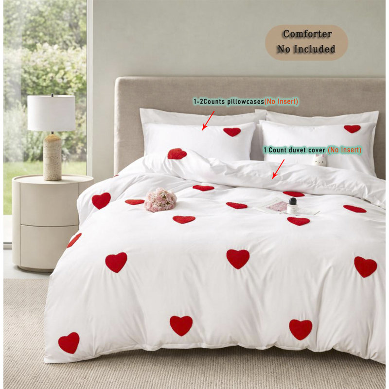 Heart Tufted Embroidered Duvet Cover Set with Pillowcases(No Filling), Soft Microfiber Bedding Set, White ComforterCover, Mother’s Day