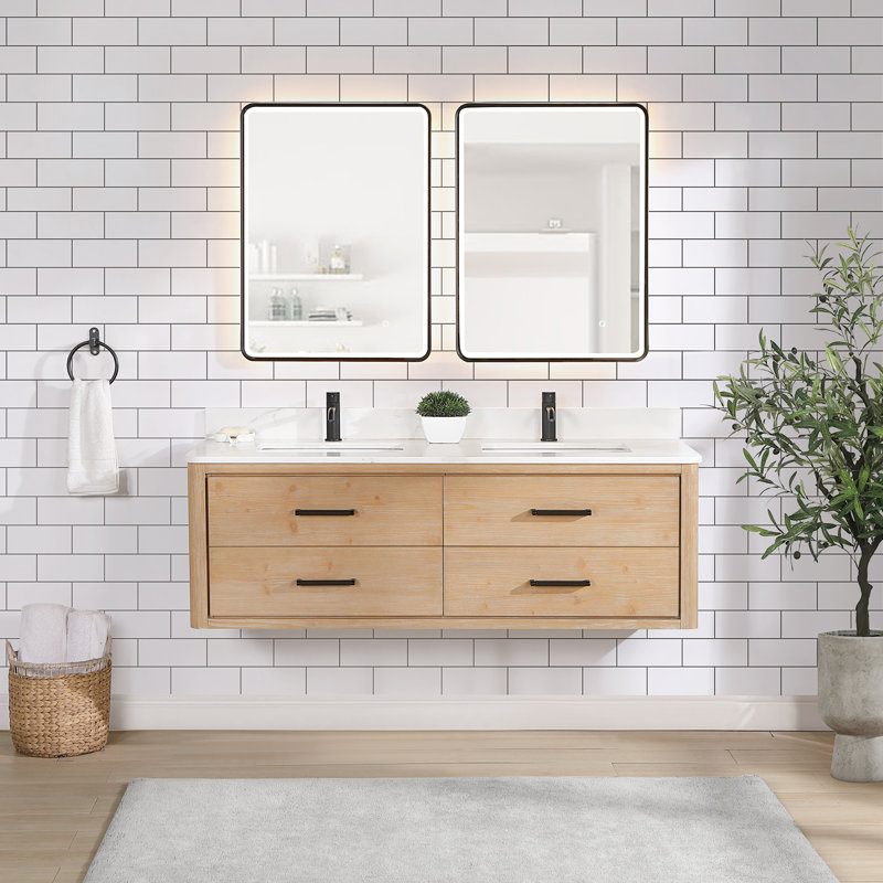 Meuble-lavabo double 60 po avec plateau Cristo, Bois de sapin brun