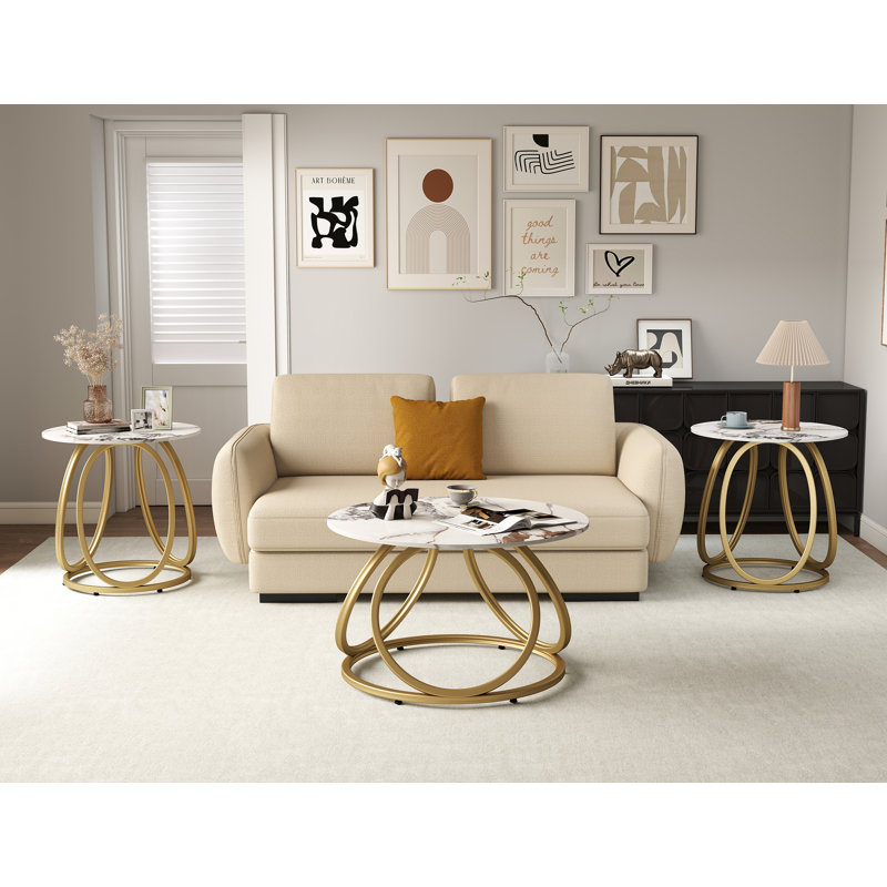 Living Room Table Set, Calacatta Gold/Gold