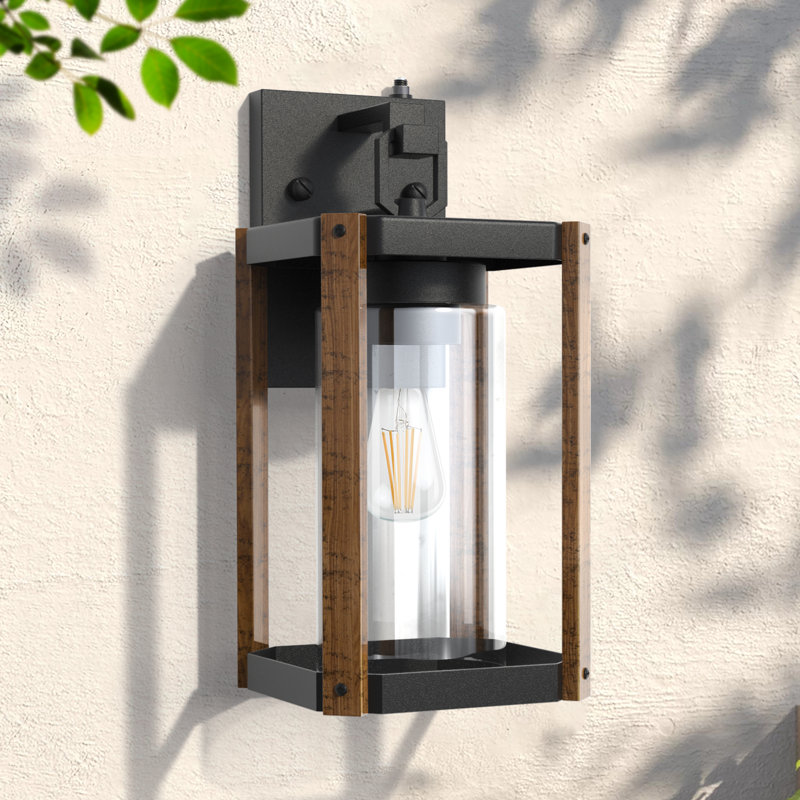1-Light 13''H Black And Wood Grain Iron ETL Outdoor Wall Lantern With Dusk To Dawn, Wood Grain