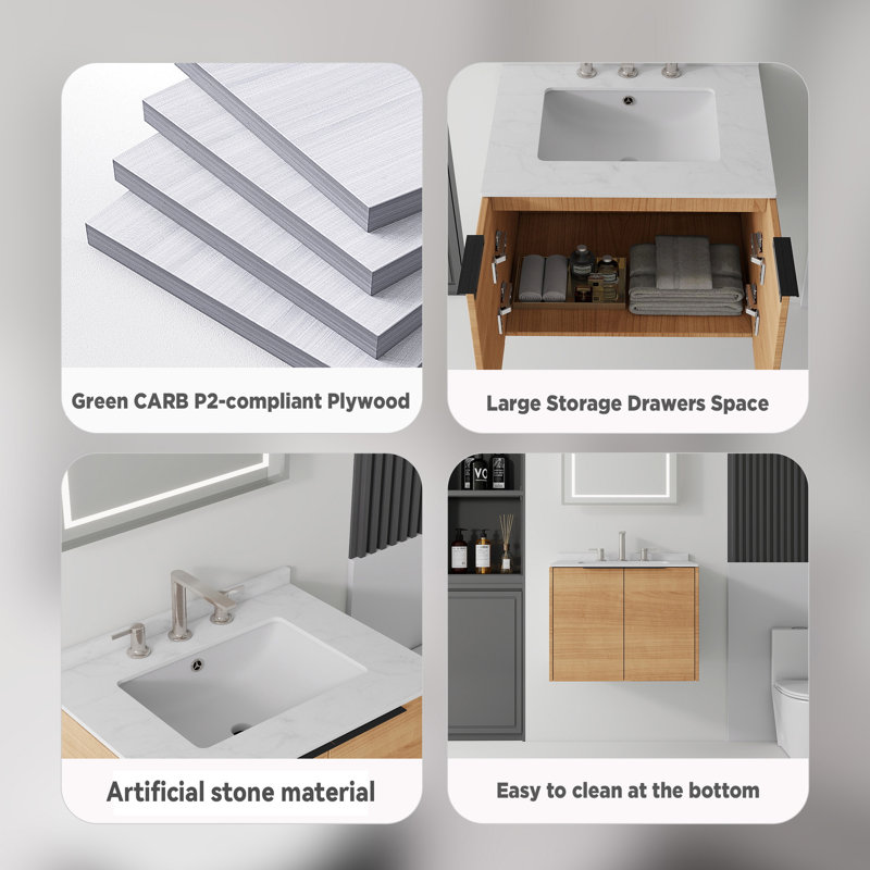 Meuble-lavabo suspendu de 61 cm (24 po) avec lavabo en céramique, 2 portes à fermeture amortie, comptoir et dosseret en marbre reconstitué, armoire en contreplaqué, noyer