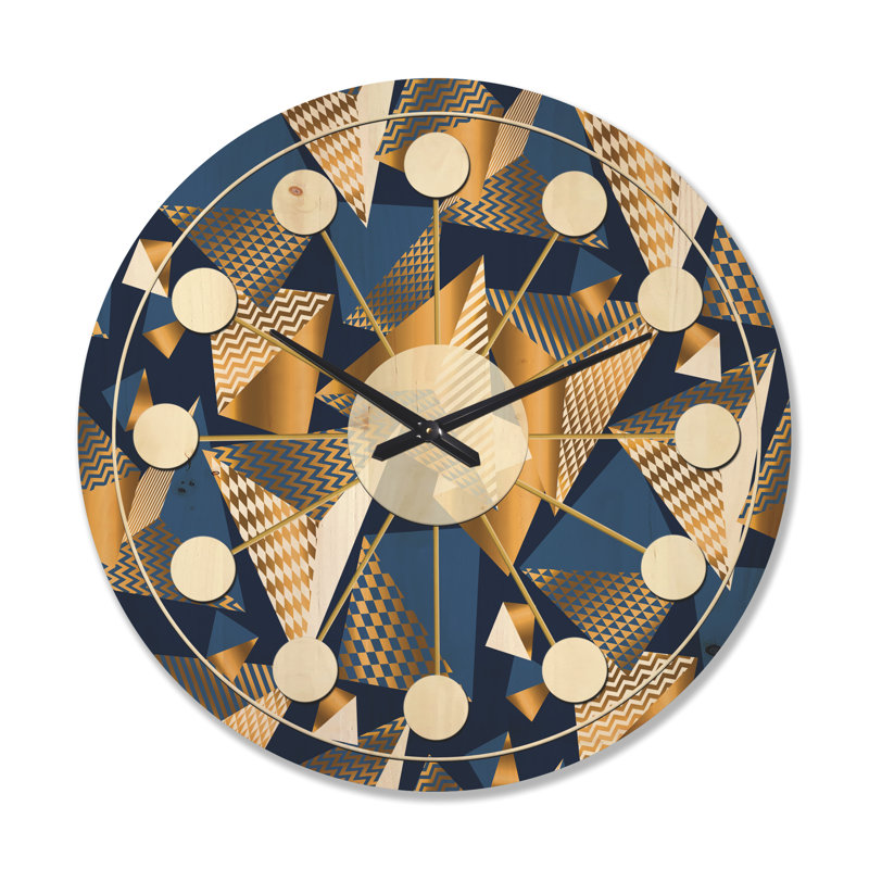 Cubes dorés et bleus - Horloge murale Mid-Century, Très grand