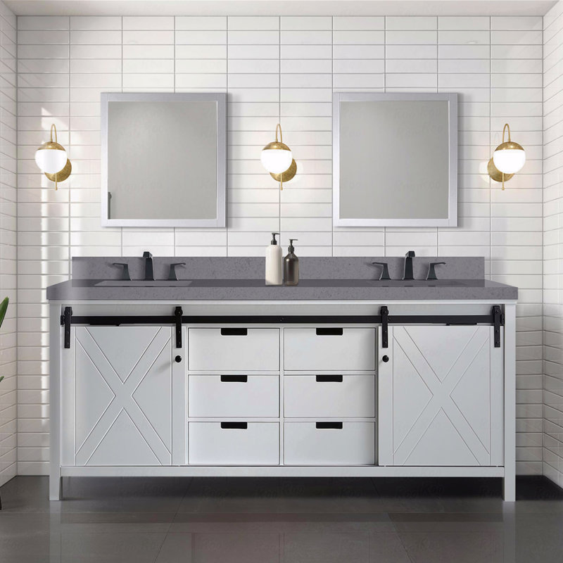 Meuble-lavabo à double cuve 80 po de largeur x 22 po de profondeur, comptoir en quartz gris, 81", Blanc, Quartz gris
