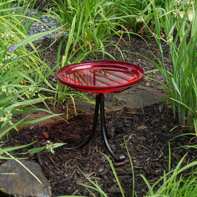 14" Red Crackle Glass Birdbath with Wrought Iron Tripod Stand