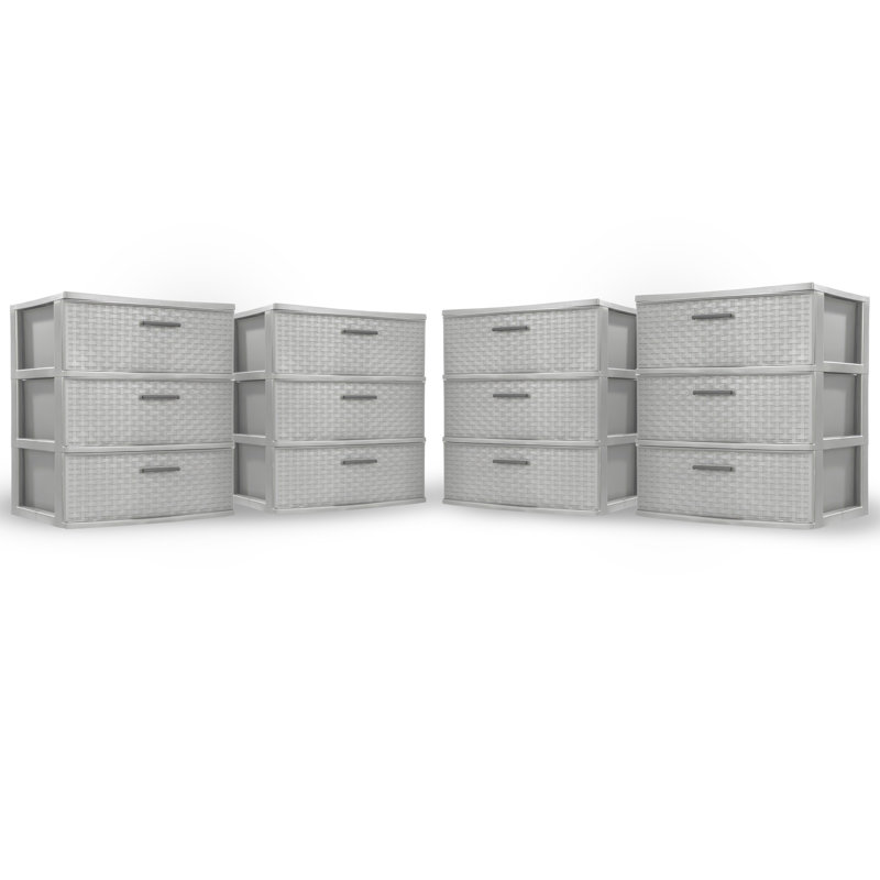 Sterilite 3 Drawer Wide Storage Tower, Plastic Weave Organizer, Cement, 4 Pack