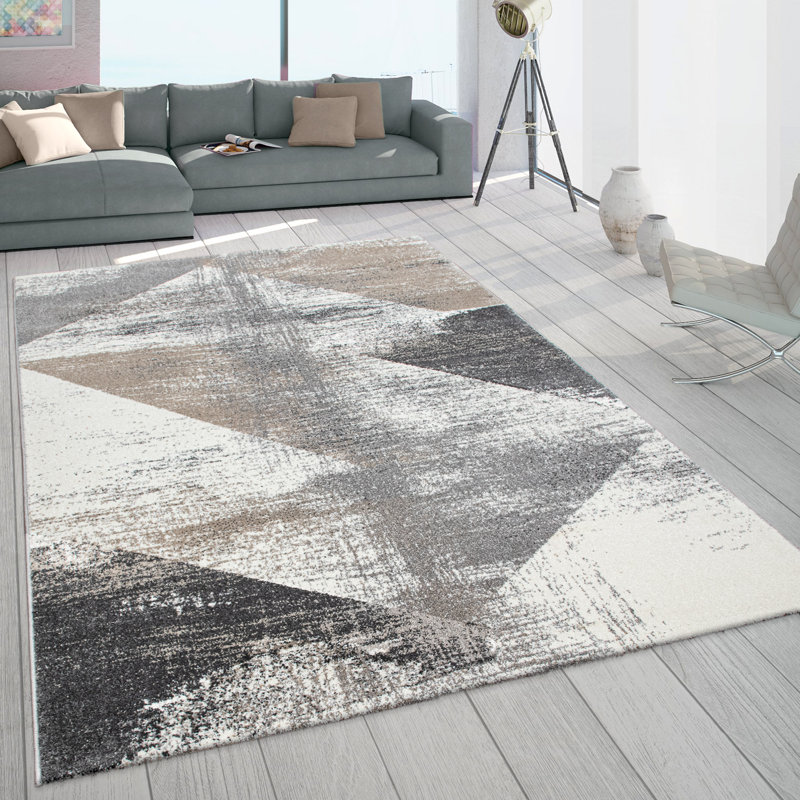 Carpet Living Room Short Pile Vintage Design Abstract Pattern Pastel Grey Beige, Rectangle 200 x 290cm