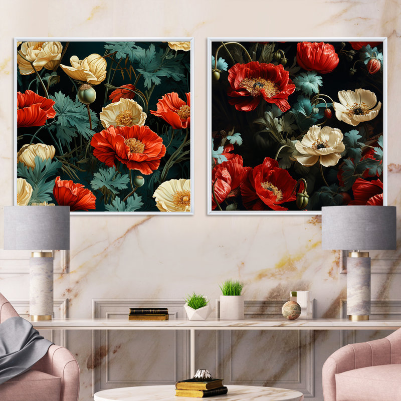Hasson - Ensemble de 2 collages carrés floraux, Cadre flottant blanc, H 16 po x l 33 po