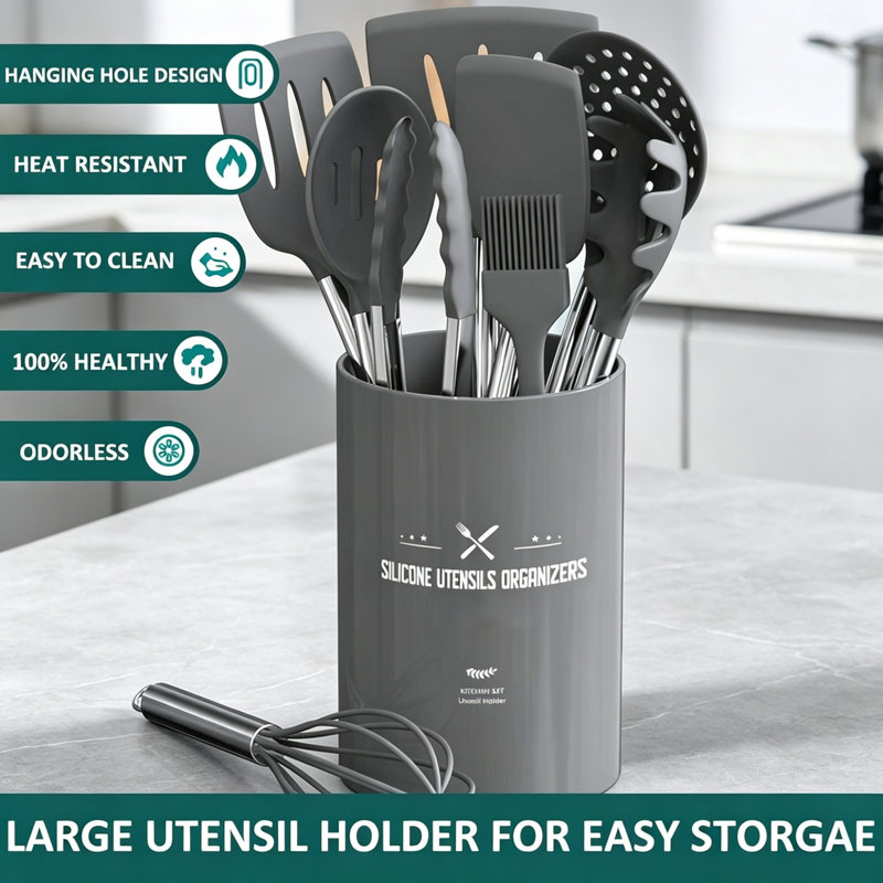 15‑Piece Silicone Kitchen Utensil Set, Heat‑Resistant Cooking Tools, Turner, Tongs, Spatula & Spoon, Safe for Non‑Stick Cookware, Grey