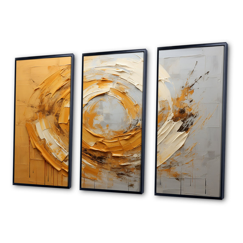 «Golden Lemon Zest Spiral III», ensemble d'art sur toile à spirales abstraites, Cadre flottant noir