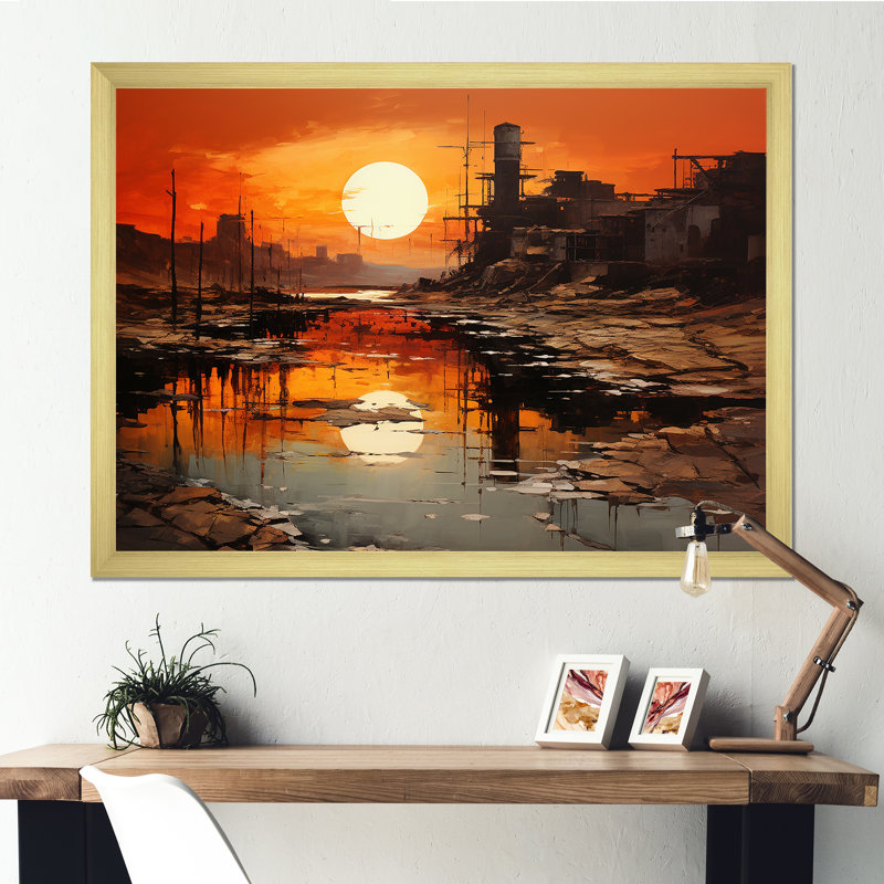 Usine paysage safran lever du soleil, Cadre doré simple, H 24 po x l 32 po x P 1 po