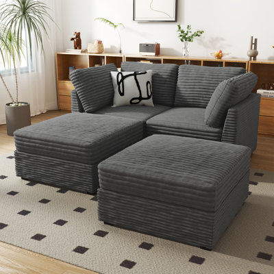 Modular Sleeper Sofa Bed, Plush Corduroy 65.36'' Loveseat With 2 Movable Ottomans, Comfy Cloud Couch Set For Living Room, 2-Seater Modular Sofa For Modern Homes