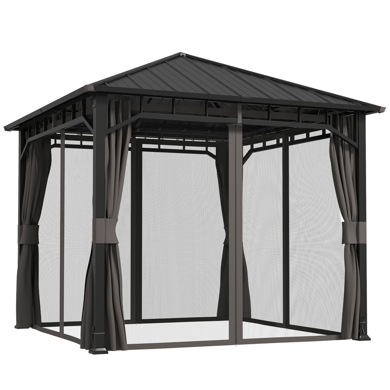 Outsunny 3 x 3(m) Hardtop Gazebo with Metal Roof, Netting and Curtains, Black
