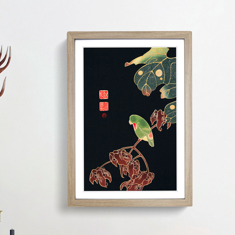 Parakeet Parrot by Ito Jakuchu - Framed Print, Oak Framed, 65cm H x 48cm W x 2cm D