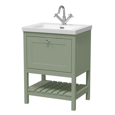 Old London Bexley 600mm Fern Green 1 Drawer Floor Standing Vanity Unit With 1 Tap Hole Contemporary Fireclay Basin