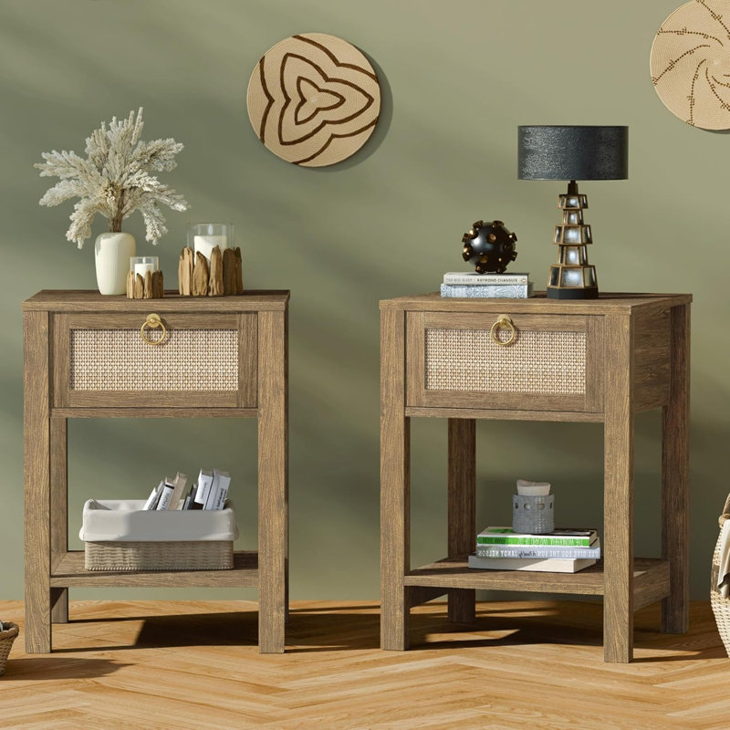 Table de chevet, ensemble de 2 tiroirs décoratifs en rotin avec poignées en laiton Table de chevet en bois Tables de bout Boho