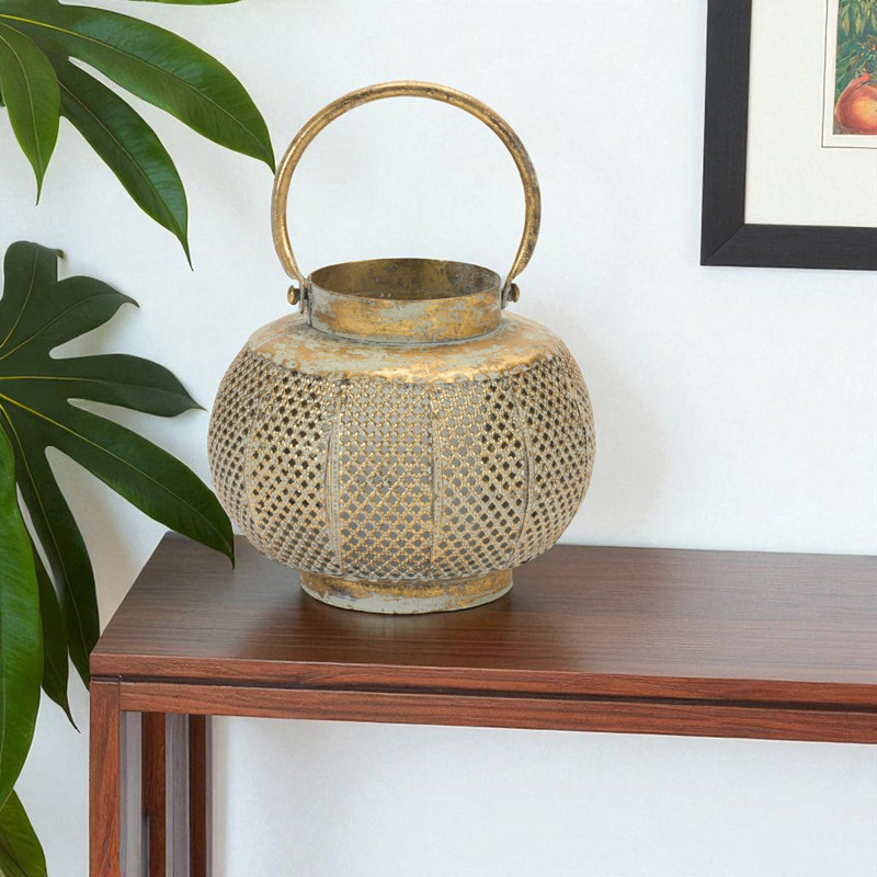 6" Bronze And Green Distressed Lattice Metal Tabletop Lantern Candle Holder