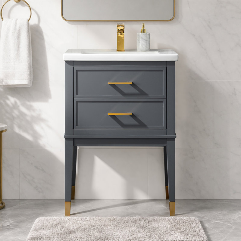 Ensemble de meuble-lavabo simple autoportant 24 po avec plateau en céramique Deon, Gris, 34" H x 24" W x 18.5" D