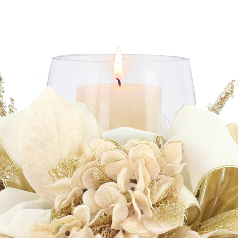 Holiday Candleholder with Hydrangeas and Leaves
