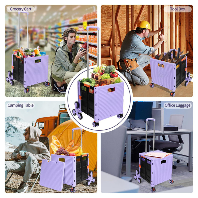 Foldable Utility Cart Collapsible Crate Rolling Carts With Stair Climbing Wheels Rolling Tote Basket Teacher Cart With Lid Wear-Resistant 360°Rotate Wheel Noiseless