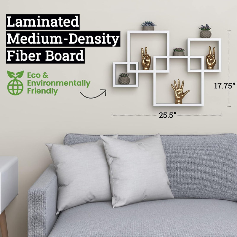 4 tablettes murales flottantes entrecroisées, solution de rangement décorative facile à assembler pour le salon, la chambre à coucher, le bureau et le stratifié en bois aggloméré durable