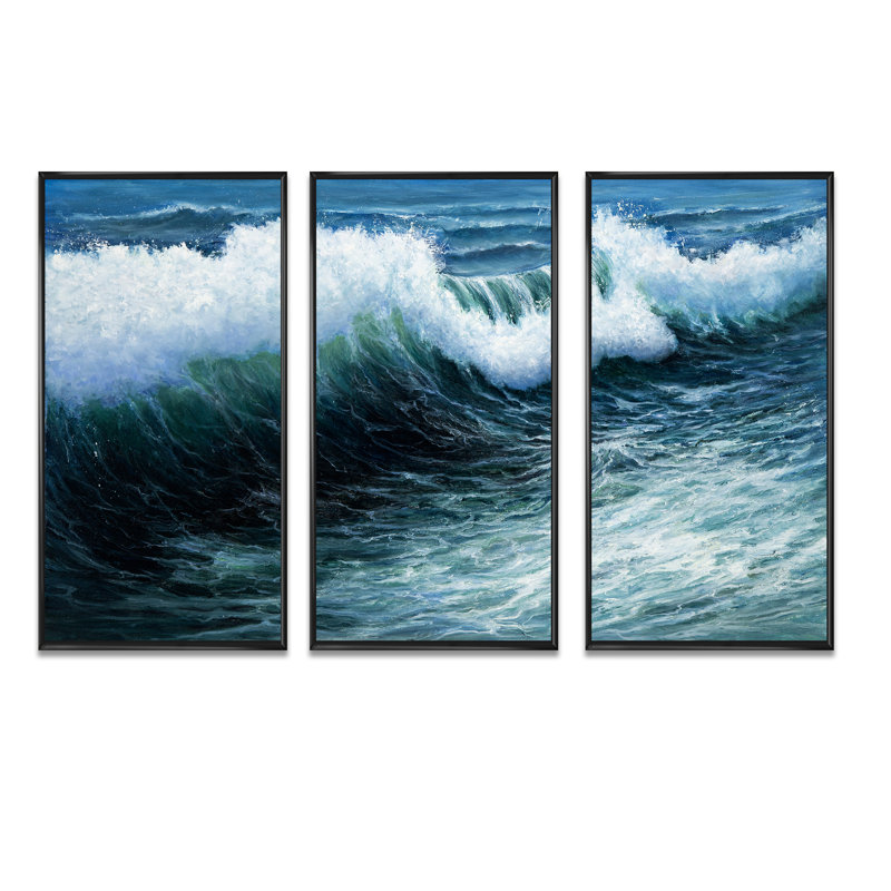 «Storm Waves In The Ocean», reproduction sur toile flottante 3 pièces, Cadre noir, L 36 po x H 28 po