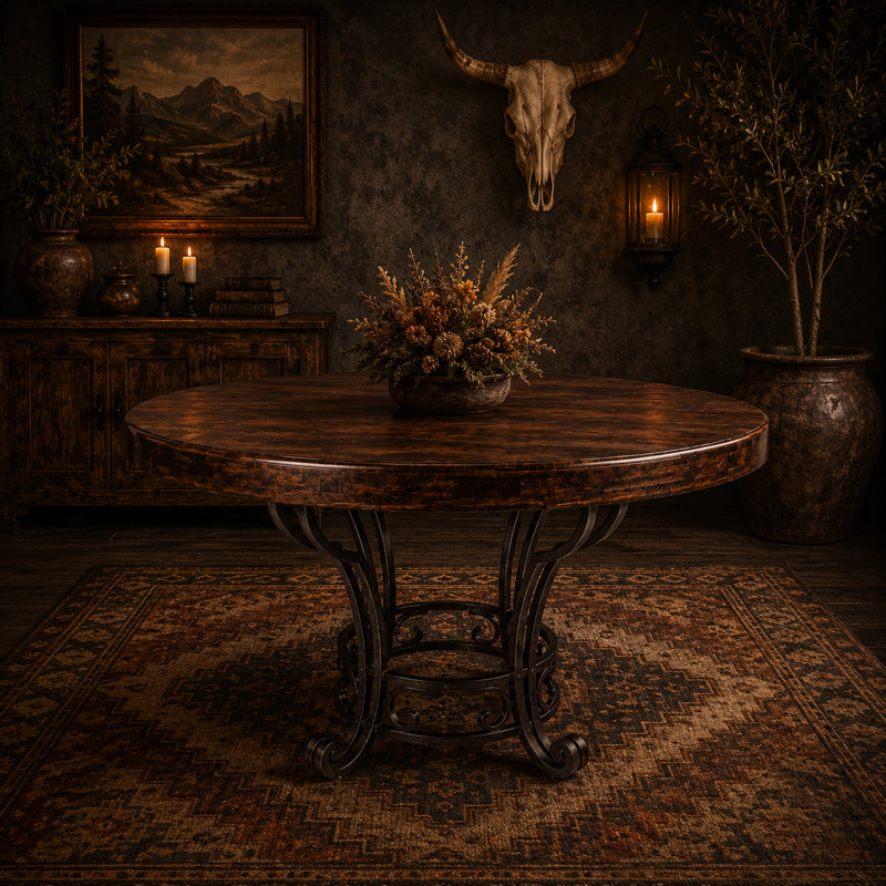 80" Round Mesquite Dining Table | Solid Wood, Wrought Iron Base | Rustic Ranch Furniture