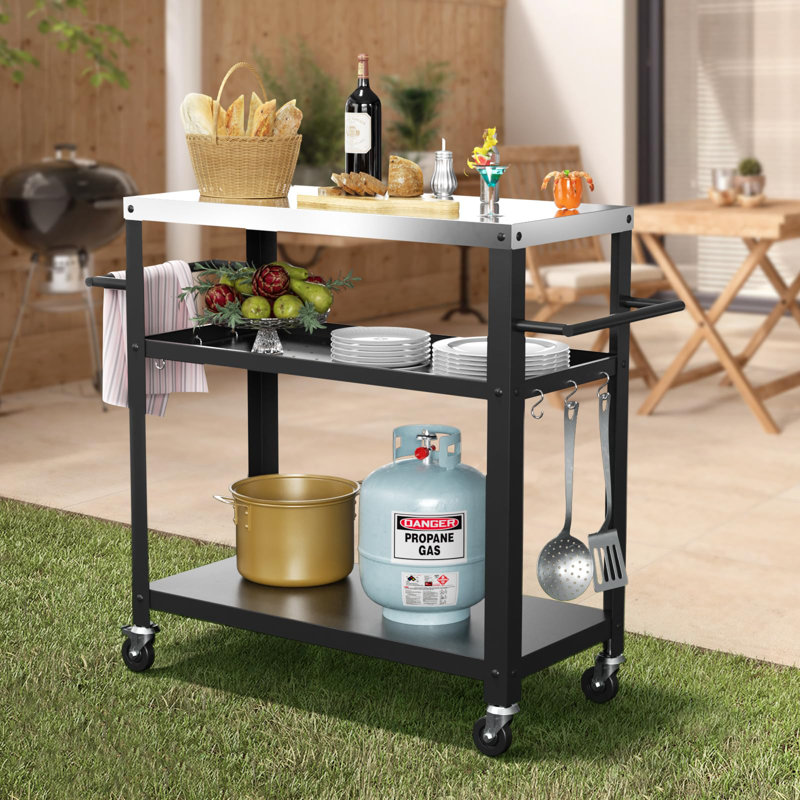 Outdoor Grill Cart With Three-shelf, Stainless Steel Pizza Oven Table For Outside, Dining Kitchen Cart With Two Side Handle, Garden Patio Bbq Kitchen Food Prep Table Cart (black)