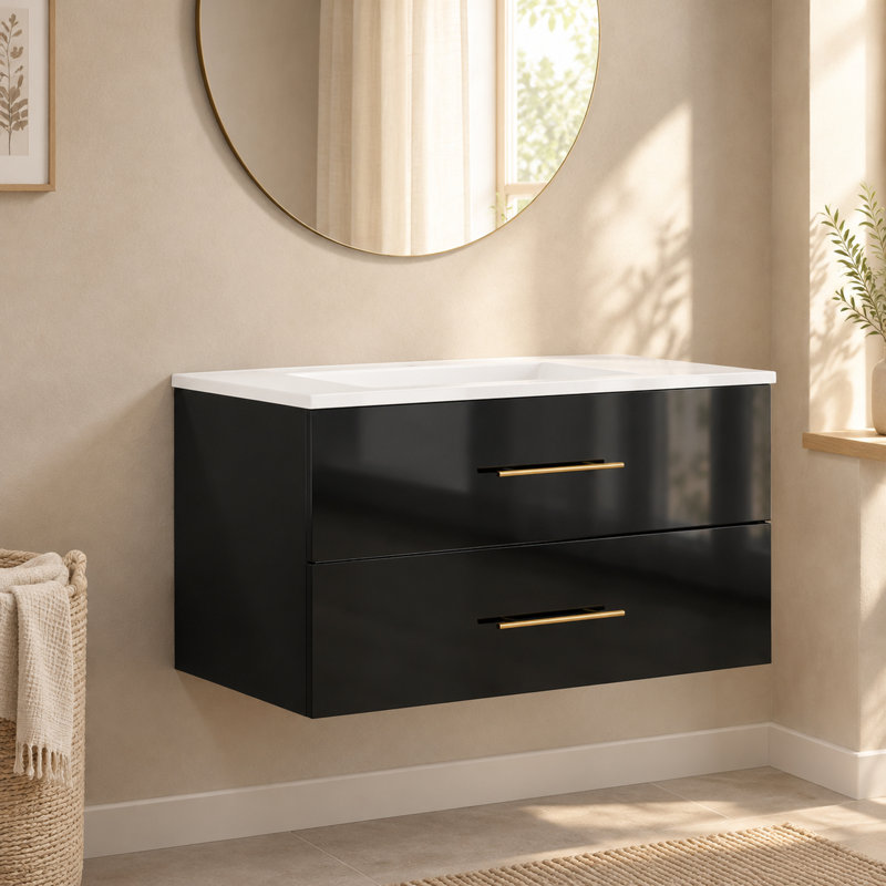 Meuble-lavabo mural blanc lustré de 91 cm (36 po) avec deux tiroirs et poignées dorées, Blanc