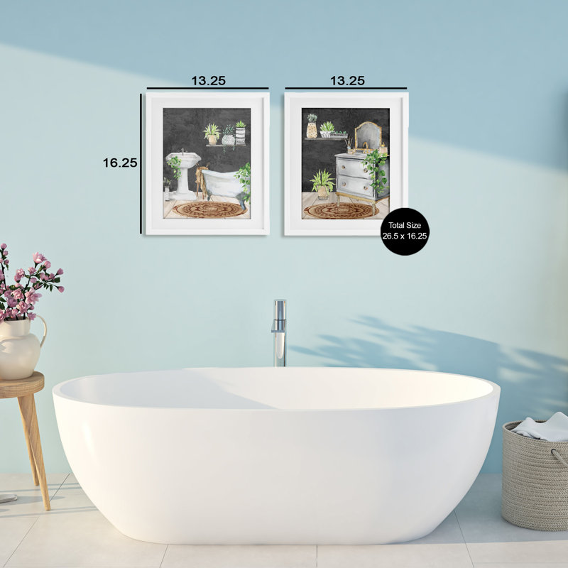 «Relaxed Greens Bath Interior», ensemble de 2 impressions encadrées sous verre, design par Kim Allen, H 16 po x l 13 po