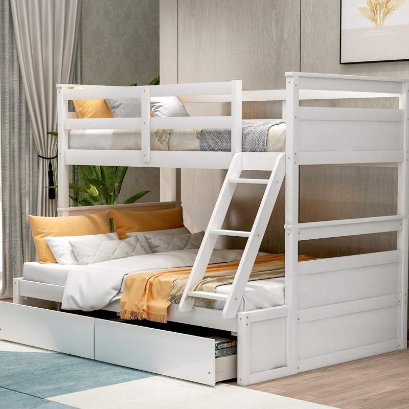 Lit simple superposé au dessus d'un lit double avec rangement, fabriqué en bois massif et rangement fiable
