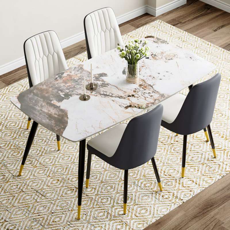 5 - Piece Marble Top Dining Set, White/Black