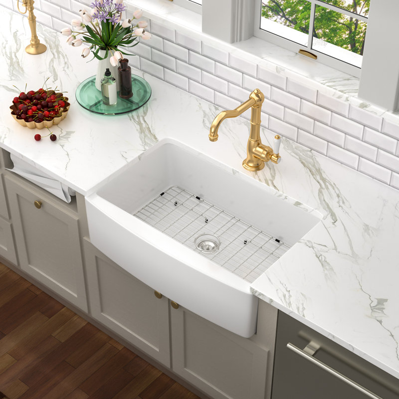 Ceramic  Apron Kitchen Sink with Accessories, 10" H x 33"L/Curved Arched Apron Front