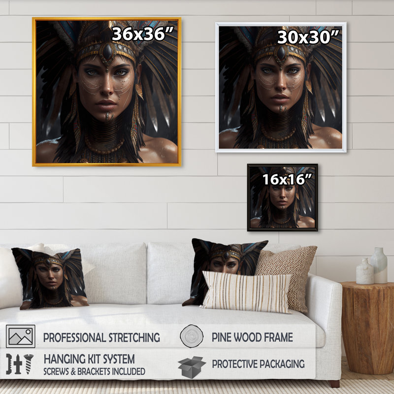 Femme bohémienne avec coiffe en plumes I - reproduction sur toile, L 16 po x H 16 po, Toile avec cadre flottant noir