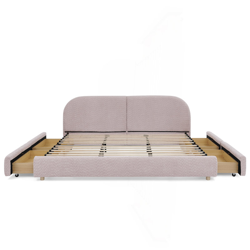 Structure de lit tapissier très grand de style moderne et minimaliste - Tissu de fil rond, tête de lit haute incurvée, support de pieds robuste et rangement à roulettes, matelas non inclus