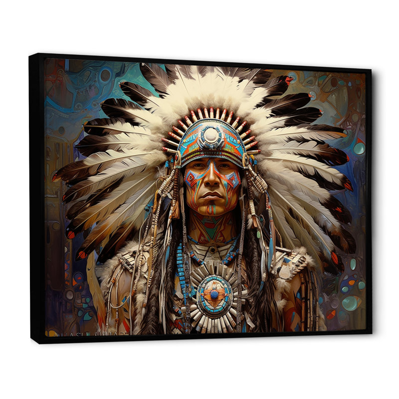 Native Honor Traditional Warrior I - Art amérindien, art mural, Cadre flottant noir, H 12 po x l 20 po x P 1 po