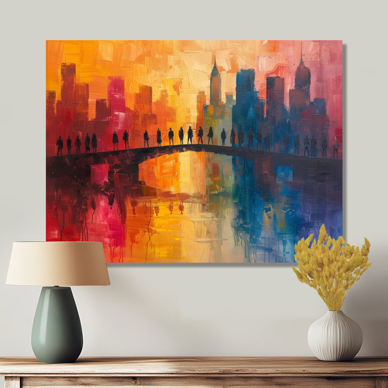 «Red Blue City City Skyscrapers - Bridges», reproduction d'art murale, Brown Floater Framed, H 24 po x l 32 po