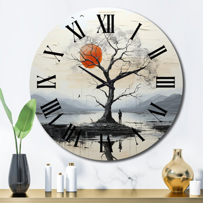 Grey Red Minimalism Tree Solitude III - Minimalism Wall Clock