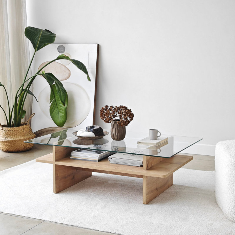 Table basse moderne avec plateau 100% verre trempé, 41,3 po x 13,8 po x 25,6 po | Structure durable en panneau de particules enduit 100% mélamine, épaisseur: 0,7 pouce | Design élégant pour le salon, décoration intérieure élégante et fonctionnell