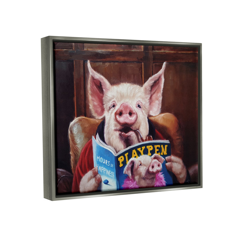 Drôle de cochon «Man Cave» - Peinture, H 25 po x l 31 po x P 1,7 po, Cadre flottant gris lustré