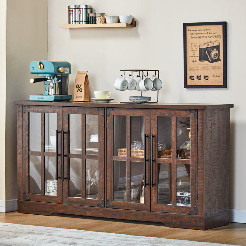 Brown 63" Rustic Wood Sideboard with Glass Doors