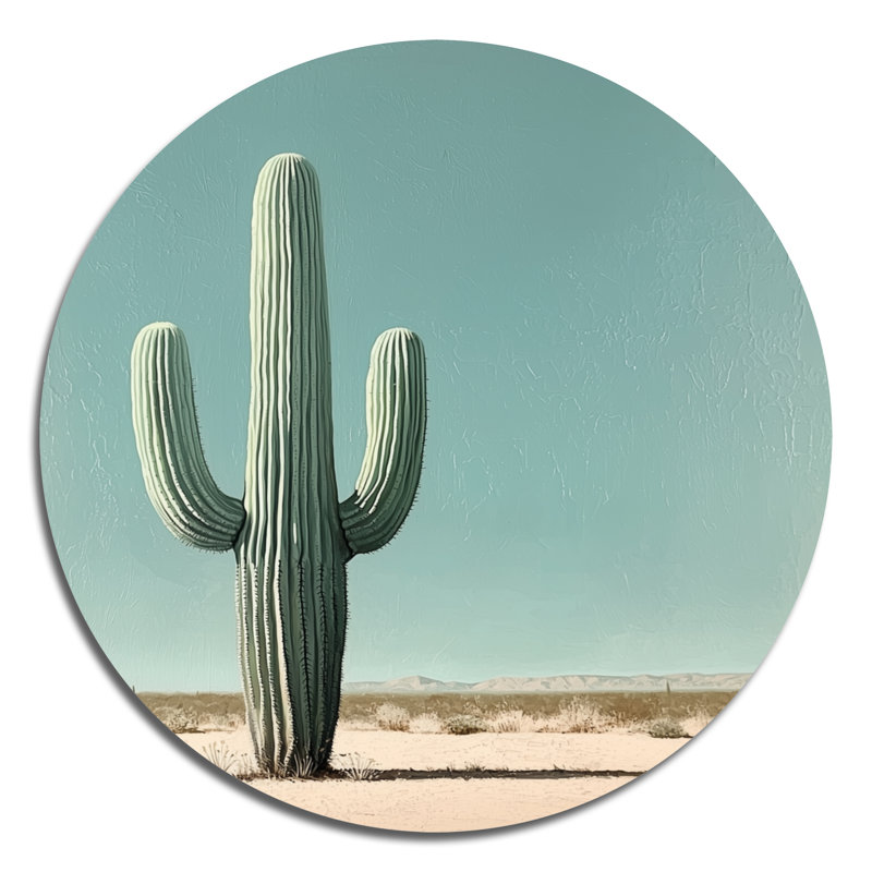 Cactus minimaliste et le ciel du désert I - Art mural métallique vert traditionnel, impression métallique ronde de cactus