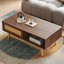 Table basse en rotin PE, porte coulissante pour le rangement, pieds en bois massif, table moderne pour le salon, couleur noyer
