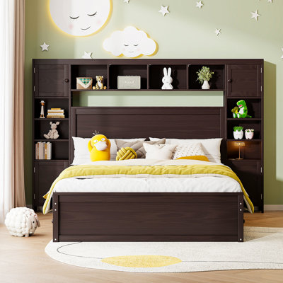 Grand lit avec stabilité et charme en bois massif - Armoire intégrée, configuration de prise de tablette, espaces de rangement polyvalents