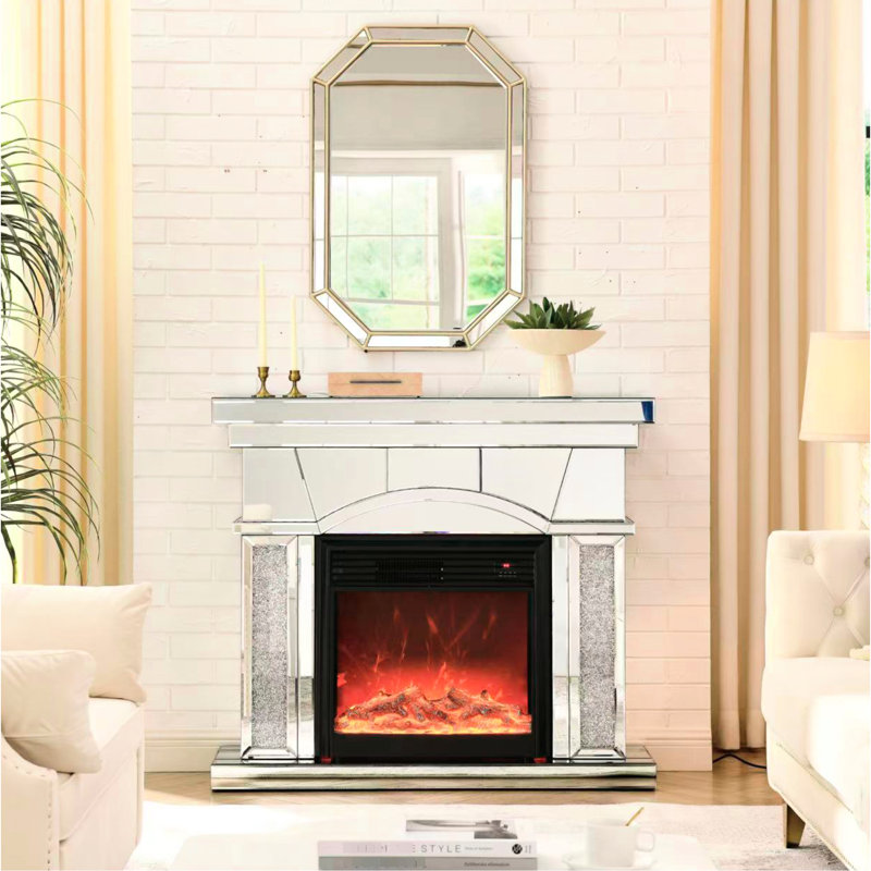 Foyer électrique avec porte et miroir en acrylique, flammes à DEL 3D, télécommande, protégé, foyer portatif à cristaux artificiels pour salon, chauffage 1500W, effet de flamme, contrôle, caractéristique,