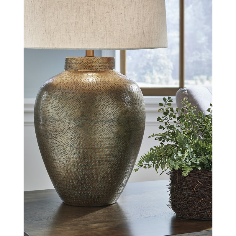 Antique Gold Hammered Aluminum Table Lamp with Beige Shade