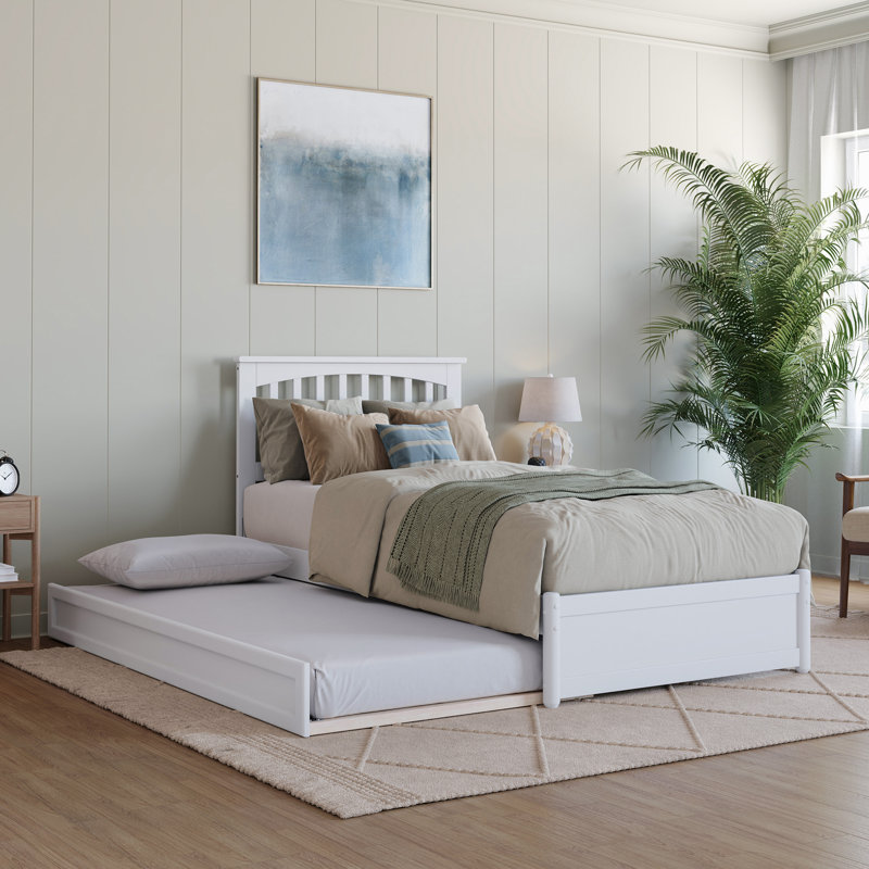 Lit plateforme en bois massif Asparas avec pied de lit et lit gigogne, Blanc, Simple TG