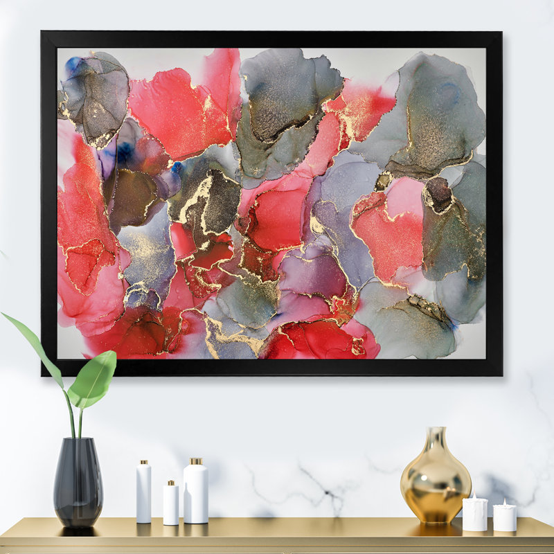 Fluide abstrait rouge et gris luxueux - peinture sur toile, Cadre photo noir, H 12 po x l 20 po x P 1 po