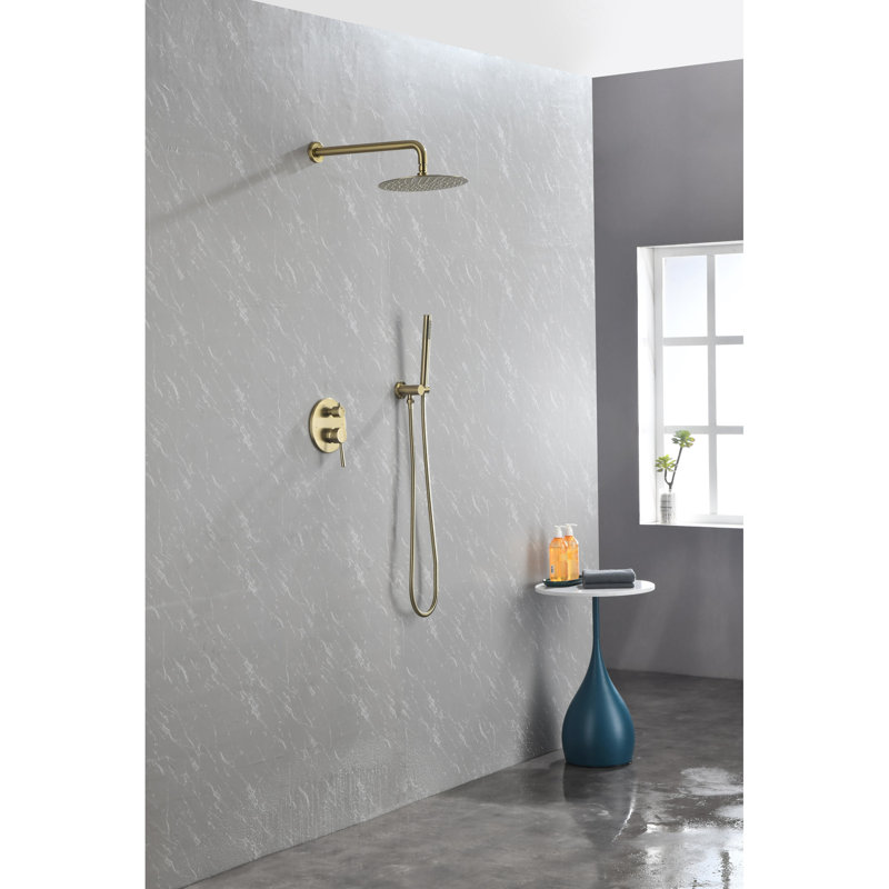 Brushed Gold Bathroom Shower Faucet, With 10" Stainless Steel Rain Head And Handheld Shower, High Wall Mounted System Handheld, Faucet