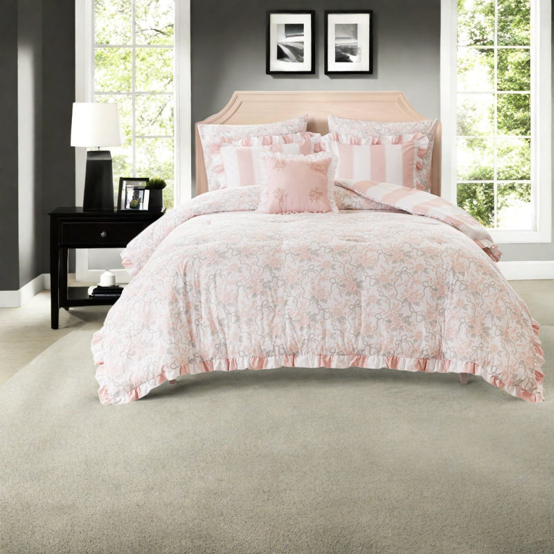 Ensemble de literie pour lit simple et simple XL, couette à volants en microfibre rose, chambre à coucher à motif toile de Jouy